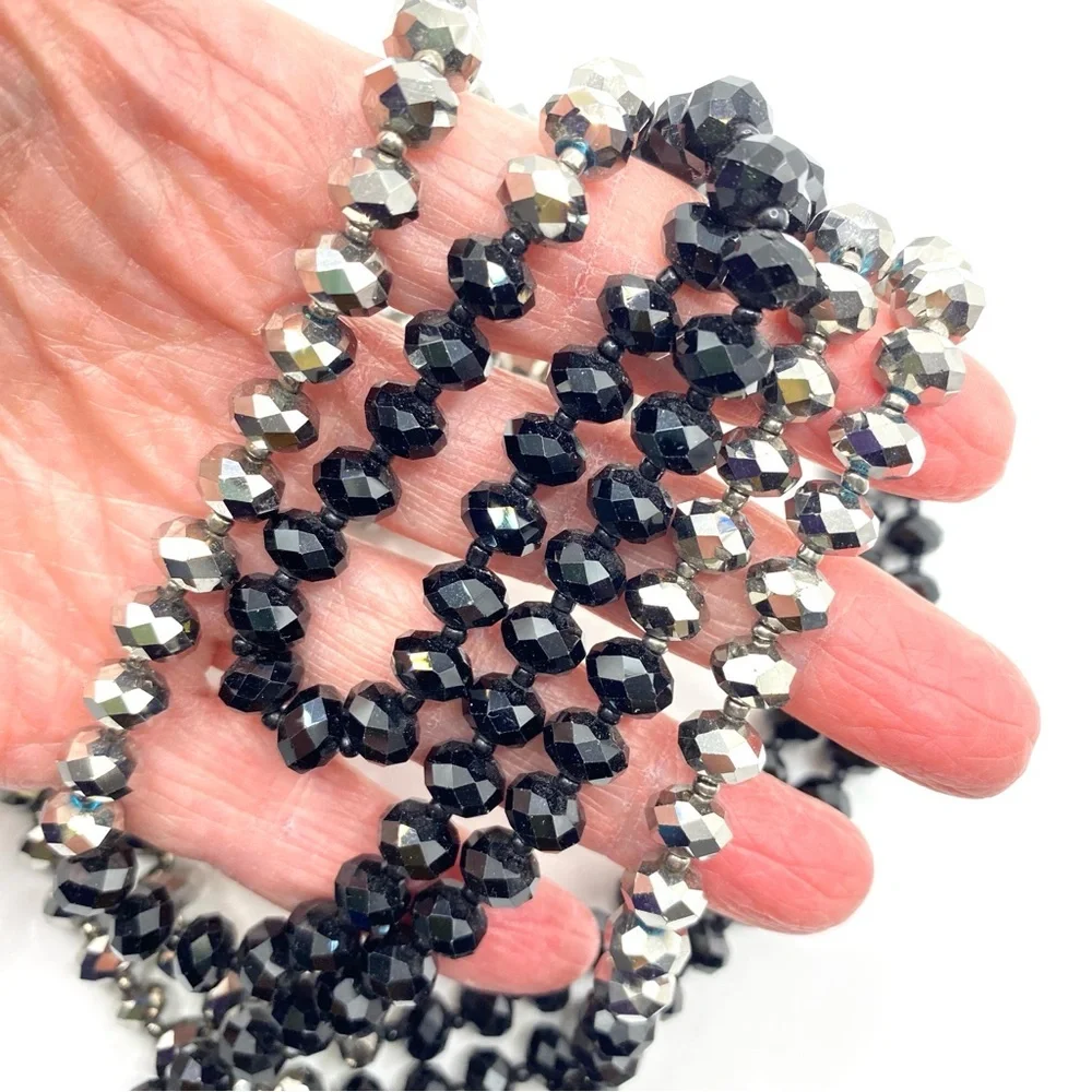 Glass Beads Necklace Faceted Black & Hematite Colored Beads Long Over-The-Head